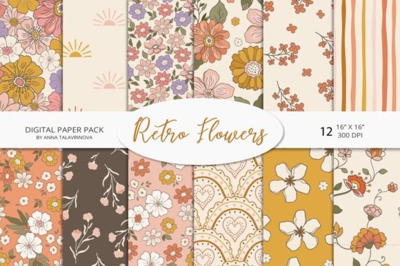 Retro Flowers Groovy Digital Paper Vol.1